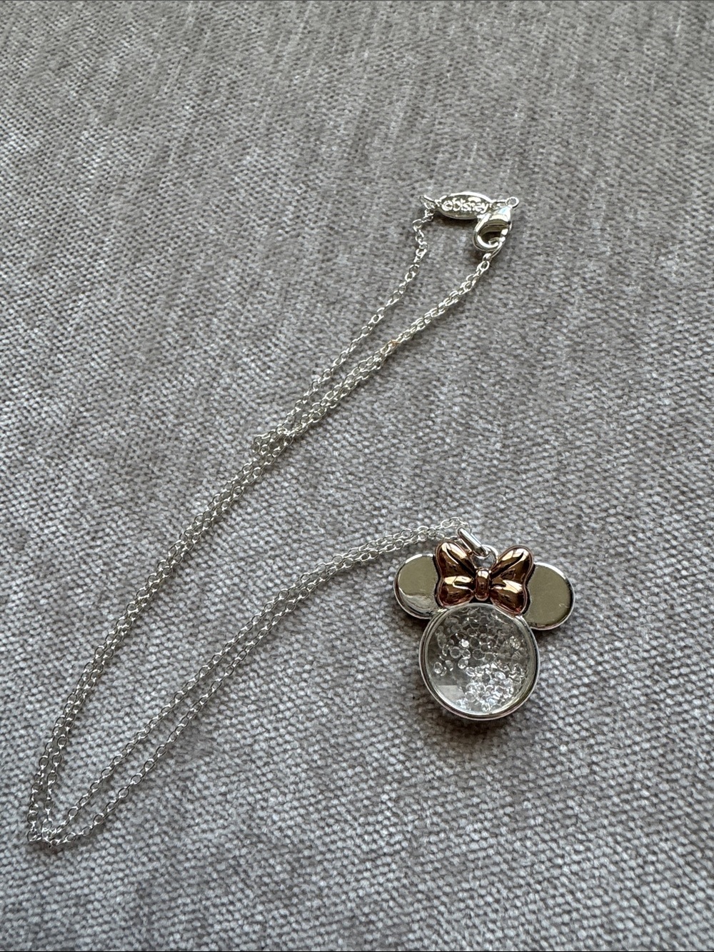 New Disney Silver-tone Minnie Mouse Pendant Necklace with Rose Gold Bow Crystal